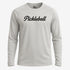 Gray long-sleeve shirt with 'Pickleball' text on a white background